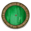 A circular enamel pin featuring a green, vertically-striped background with a central circular detail.