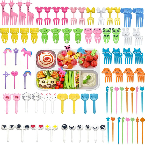 Eine Sammlung süßer Tier-Obst-Picks in verschiedenen Farben und Formen für Bento und Partydekorationen für Kinder