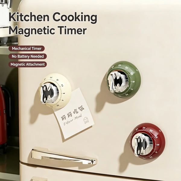 Nahaufnahme eines Küchenmagnet-Timers mit mechanischem Timer und magnetischer Befestigung auf einem hellen Gerät