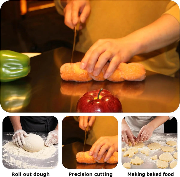 Hände rollen Teig, schneiden Lebensmittel präzise und backen Speisen auf einer dunklen Oberfläche.
