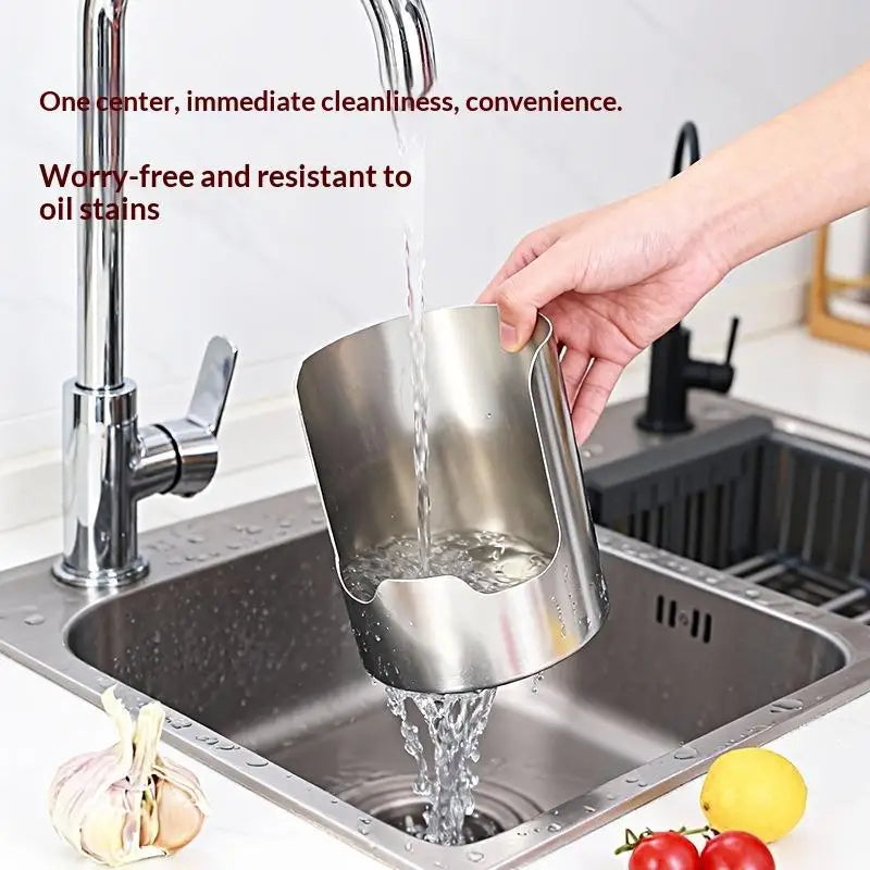 Stainless steel spoon and lid organizer rack being used in a kitchen sink for cleaning.
