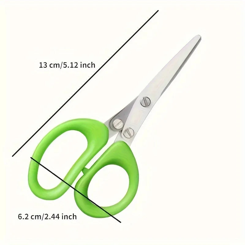 Pair of green triple-blade stainless steel herb scissors with measurements shown.