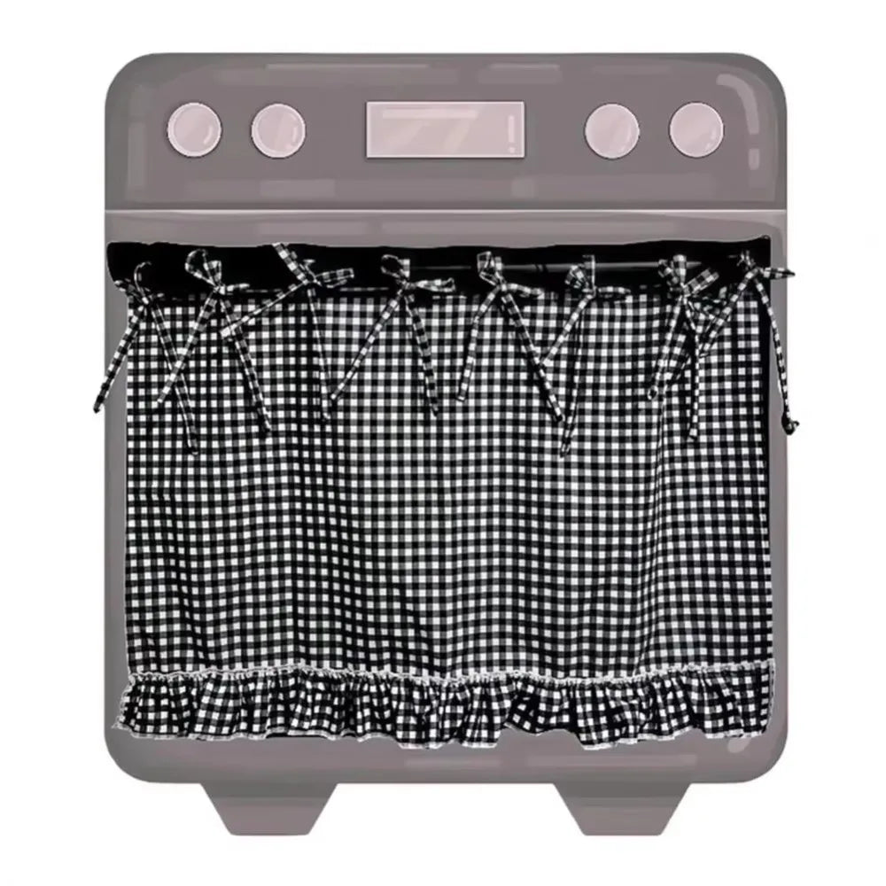 A close-up view of a rustic ruffle oven door skirt cover placed inside an oven.