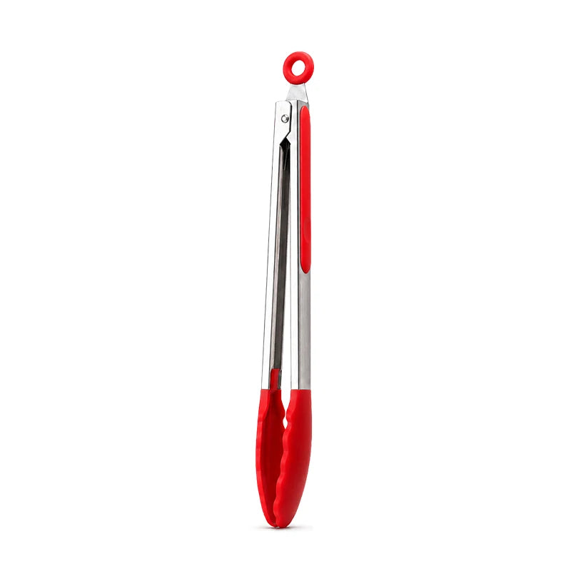 A set of three food-grade silicone kitchen tongs with stainless steel arms and red handles.
