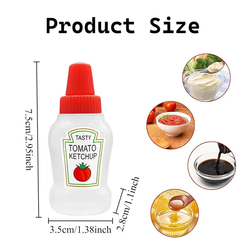 A white squeeze bottle with an orange cap is shown next to various condiments like tomato ketchup and olive oil.