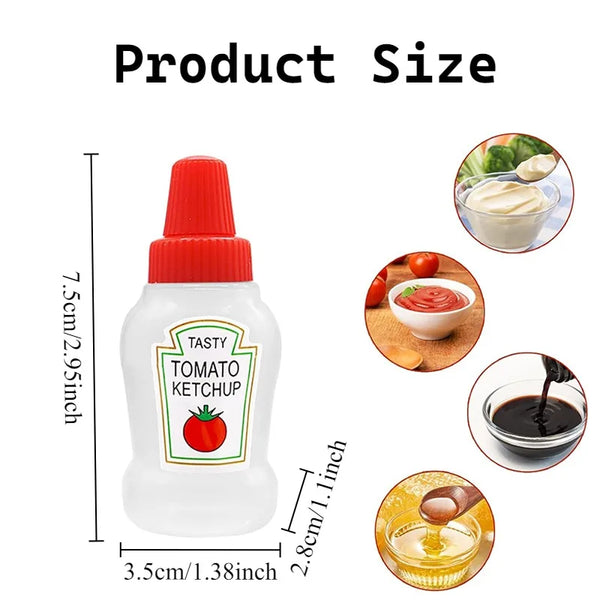 Eine weiße Pressflasche mit orangefarbener Kappe neben verschiedenen Gewürzen wie Tomatenketchup und Olivenöl.