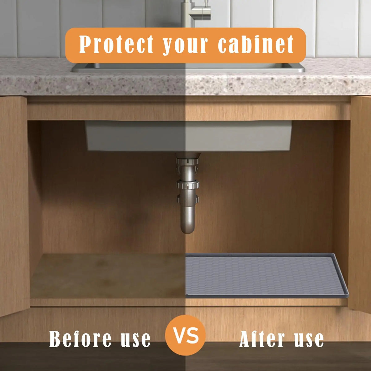 Before and after comparison of a silicone under sink drain tray protecting a cabinet