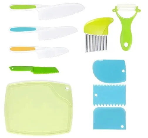 A set of plastic fruit and cake cutting tools in various colors including green, yellow, and blue.