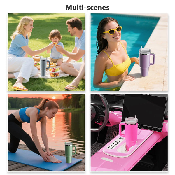 A collection of multi-scenes showing a yellow swimsuit, a pink tumbler, and a pink storage mat.