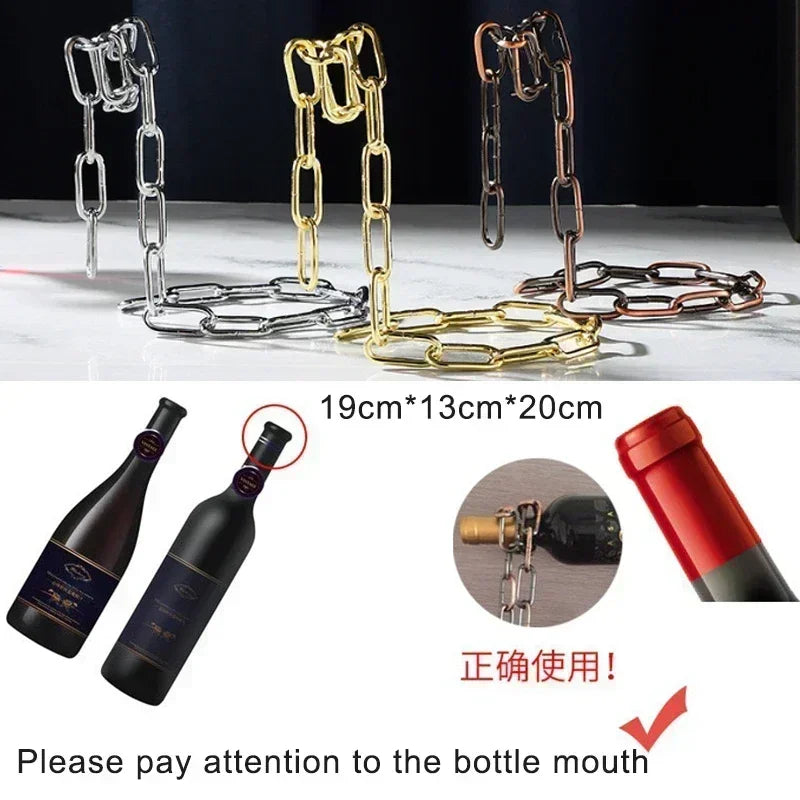 A set of gold and copper metal suspension wine racks for home bar decor with a bottle mount.