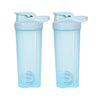A pair of clear blue protein shaker bottles with blender whisks.