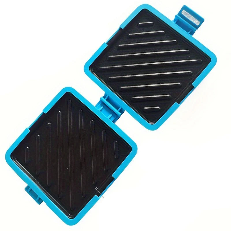 A blue silicone sandwich maker with a black grill plate is shown from above.