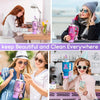 A collection of purple silicone straw toppers and accessories for tumblers shown in various contexts.