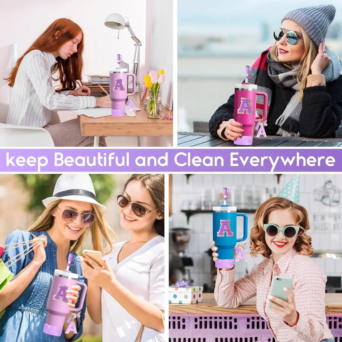 A collection of purple silicone straw toppers and accessories for tumblers shown in various contexts.