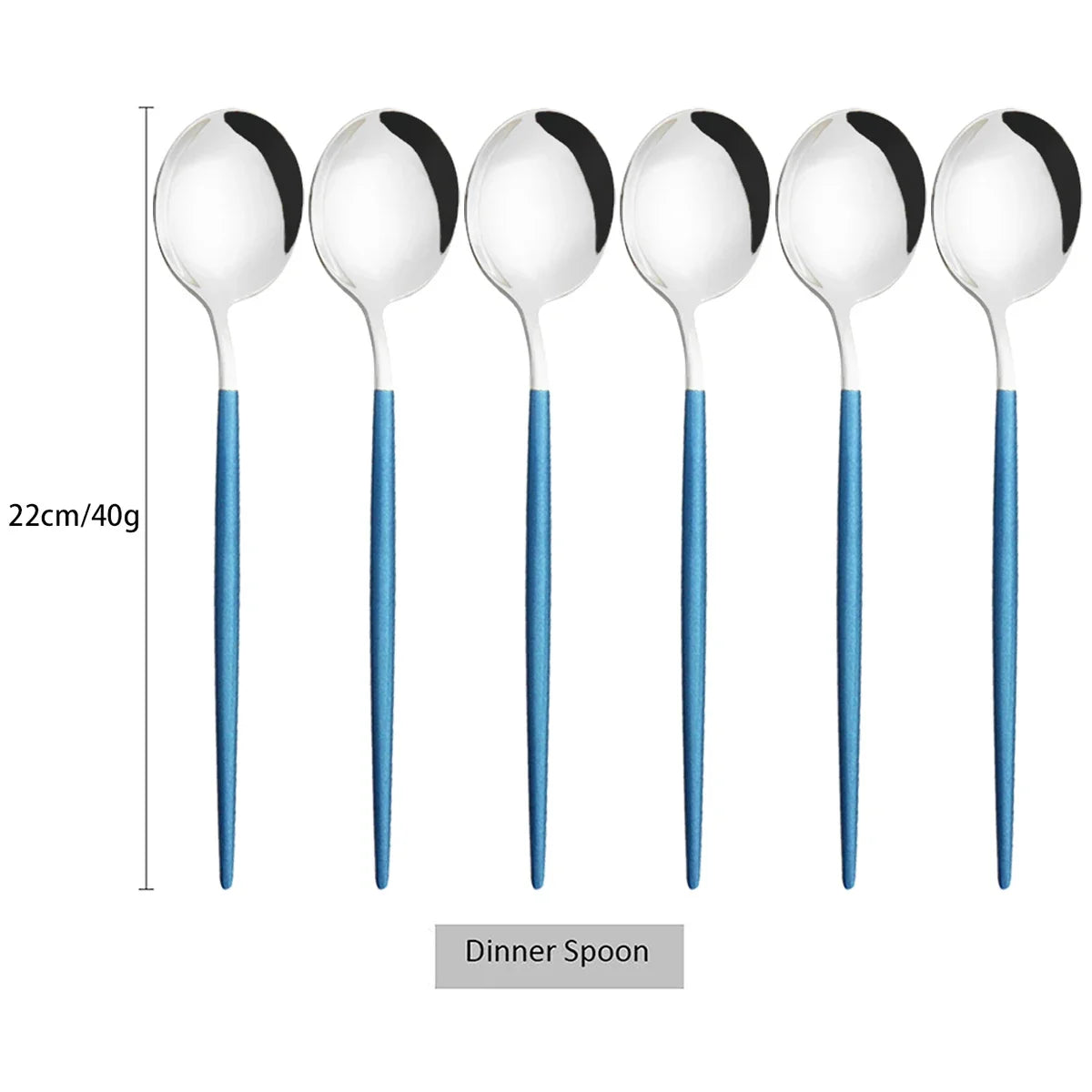 A set of five white and blue dinner spoons shown against a white background.