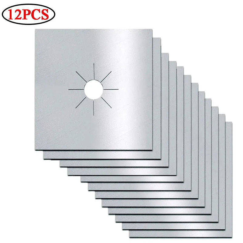 A stack of 12 metal gas stove protector liners or grates.