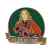 A green enamel pin featuring a depiction of a figure with long blonde hair and an orange garment, with the text I AM NO MAN b