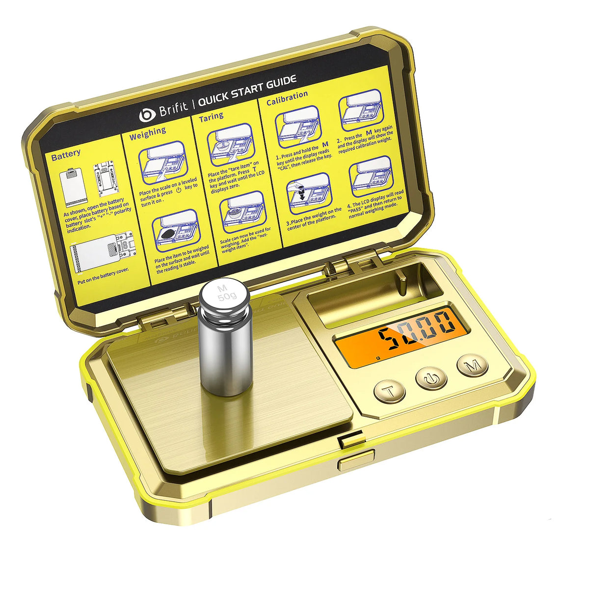 A gold-colored digital jewelry scale with a battery compartment and calibration guide is shown open.