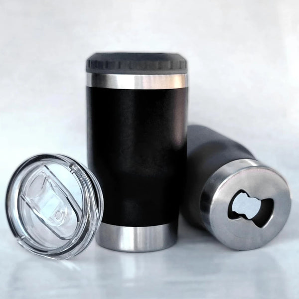 A black insulated can cooler and a silver tumbler are shown on a light surface.