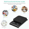 A black digital kitchen scale with a timer is shown alongside various food items and cooking activities.