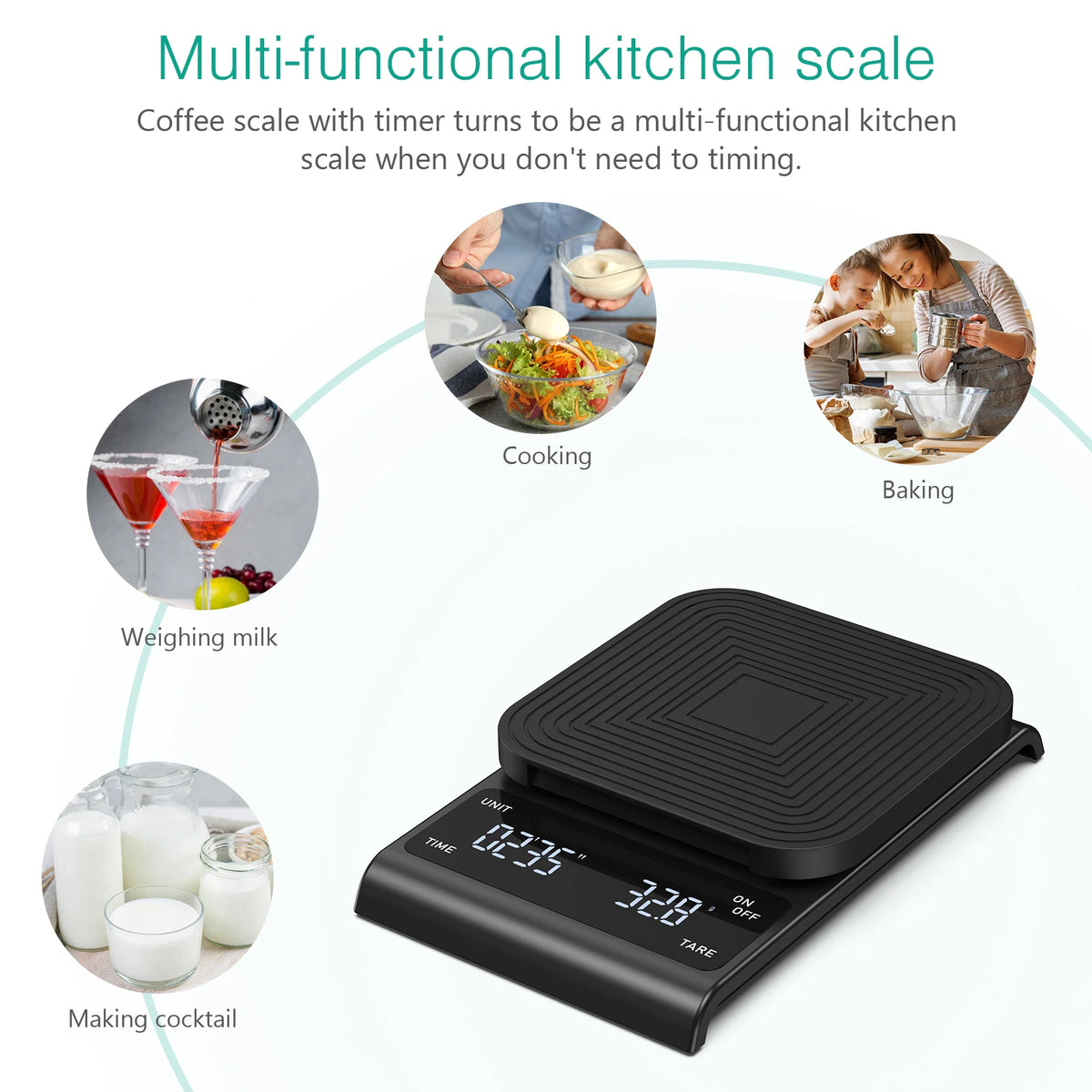 A black digital kitchen scale with a timer is shown alongside various food items and cooking activities.