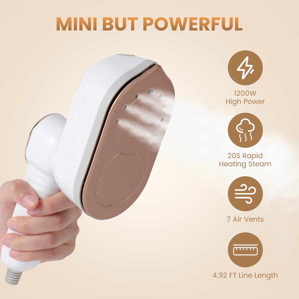 A hand is holding a white and rose gold foldable handheld garment steamer, demonstrating its features.
