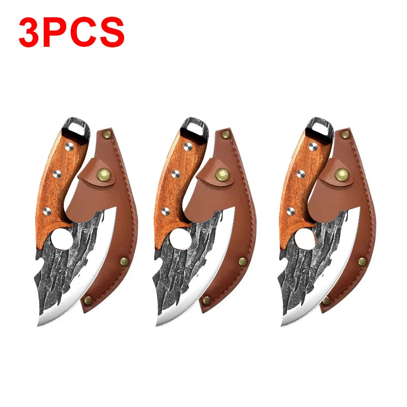 Three forged stainless steel meat cleavers with bottle openers displayed side by side.