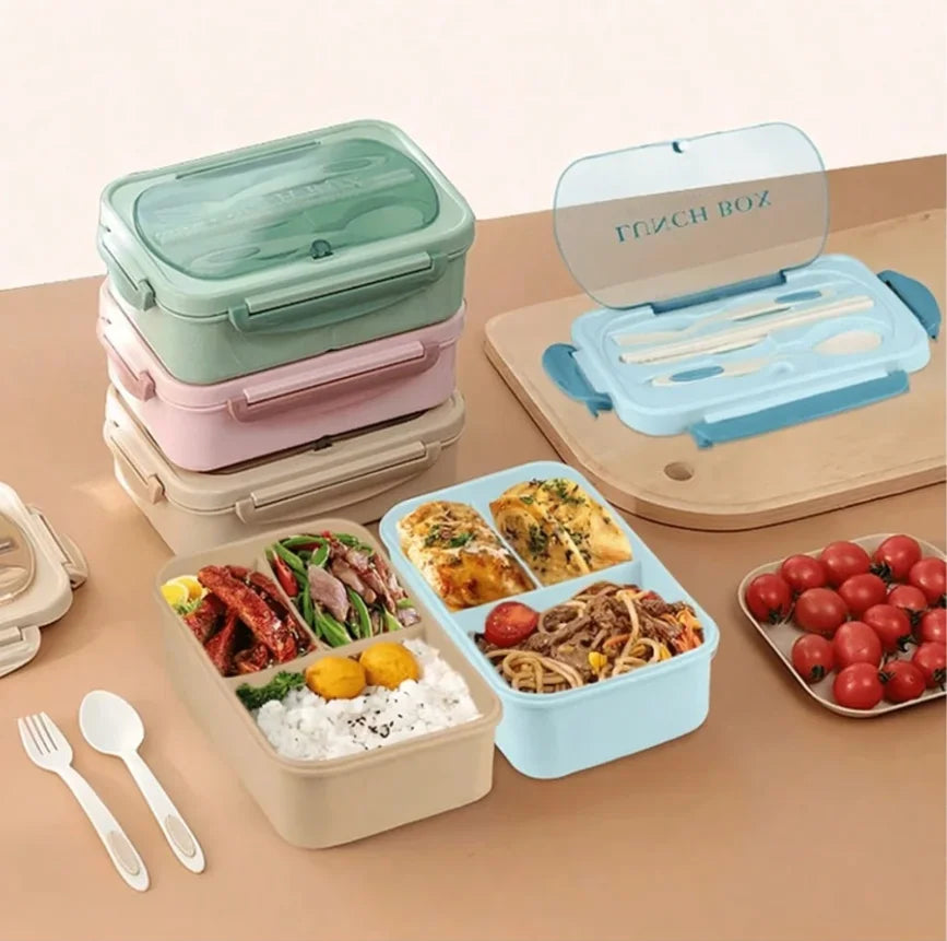 A set of three stacked bento boxes and a separate bento box containing cooked food like meat and vegetables.