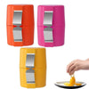 A set of three portable egg shell openers in orange, pink, and yellow, with one tool shown next to a plate of eggs.