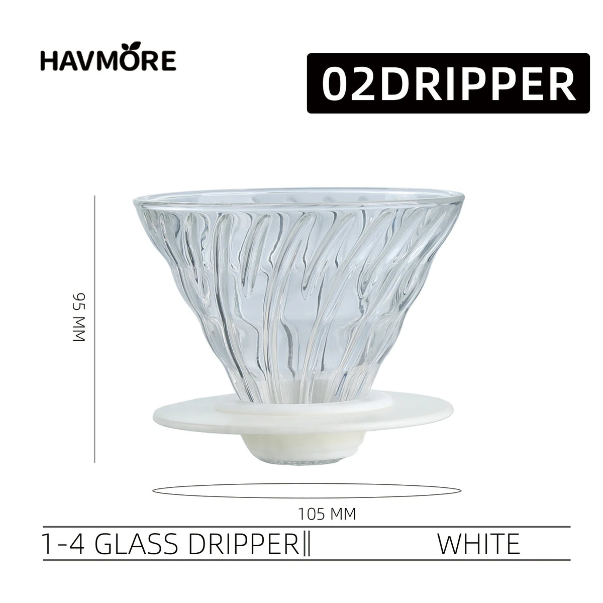 White glass dripper for pour over coffee, featuring a flared cone shape and a flat base.