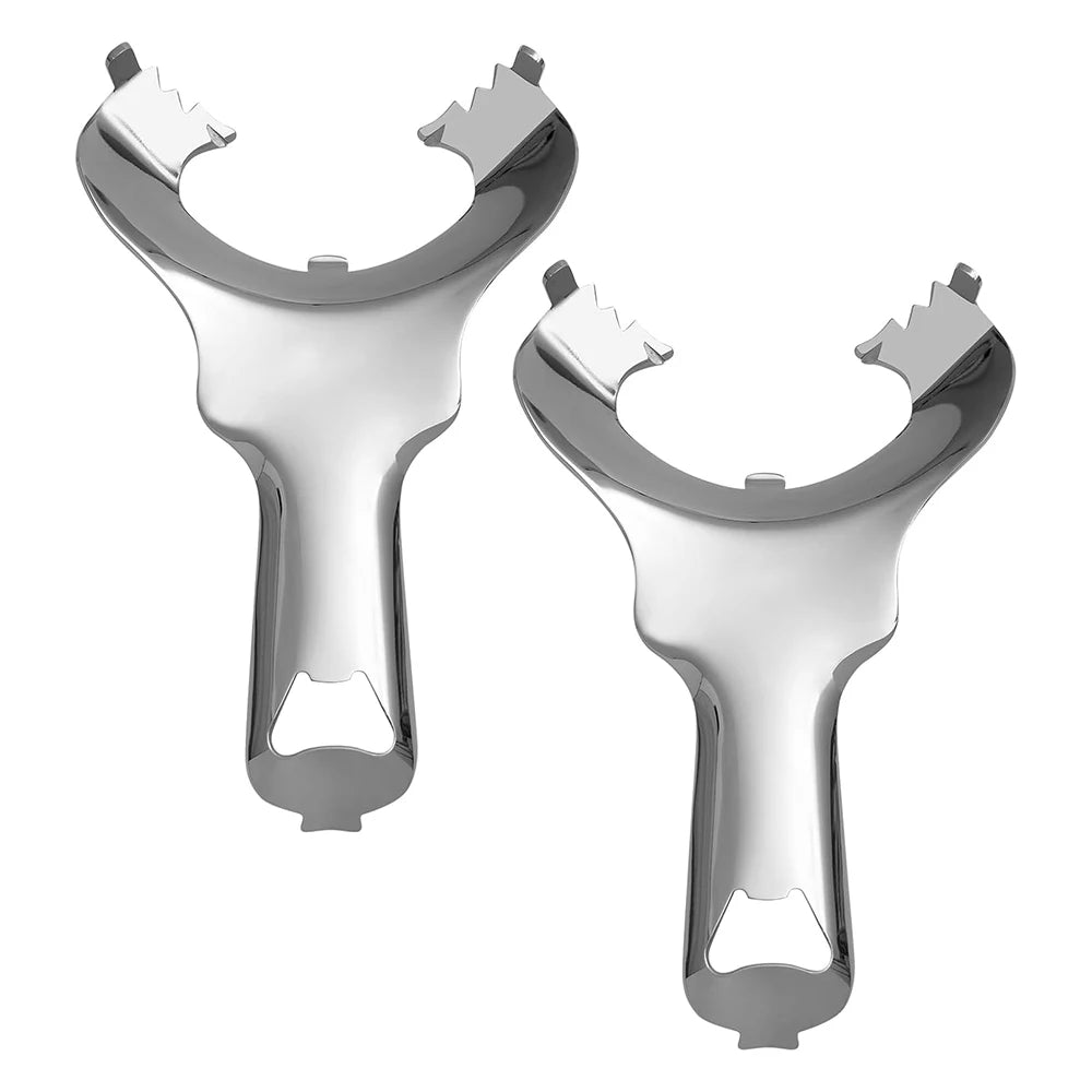 A pair of stainless steel mason jar openers with twisted lids.