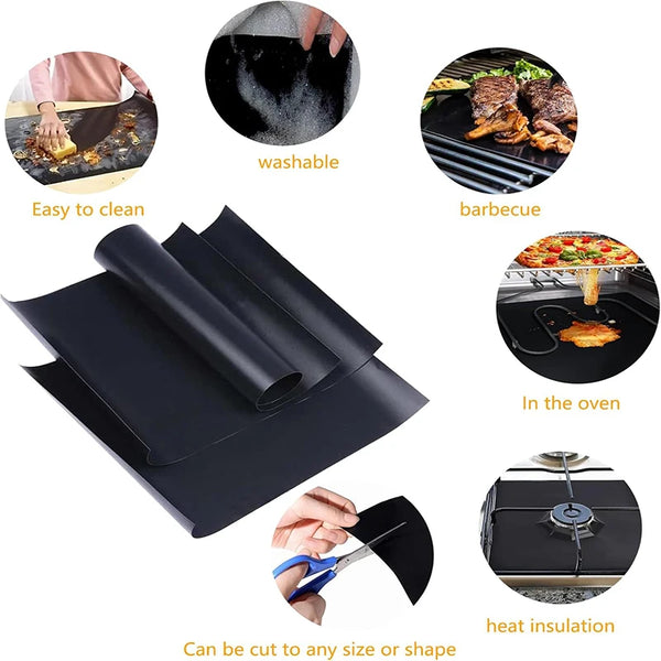 Wiederverwendbare Antihaft-Einsätze für Ofen und Grill, gezeigt mit verschiedenen Verwendungszwecken wie Waschen, Kochen und 