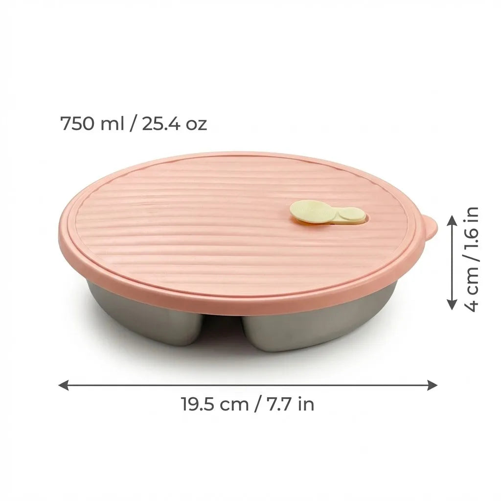 A pink stackable stainless steel divided dinner plate with a lid, measuring 750 ml or 25.4 oz.