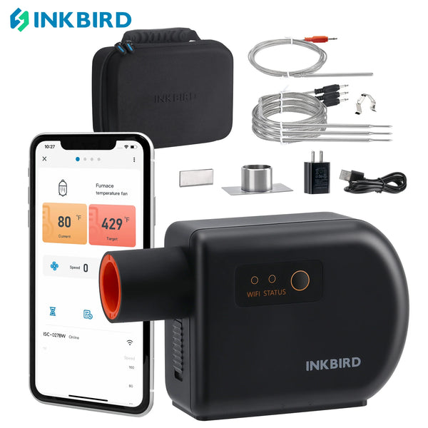 A black Inkbird Wi-Fi and Bluetooth grill temperature controller with accessories shown next to a smartphone.