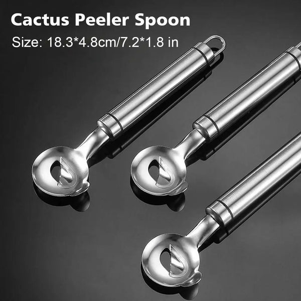 Stainless steel cactus peeler spoon shown in multiple angles