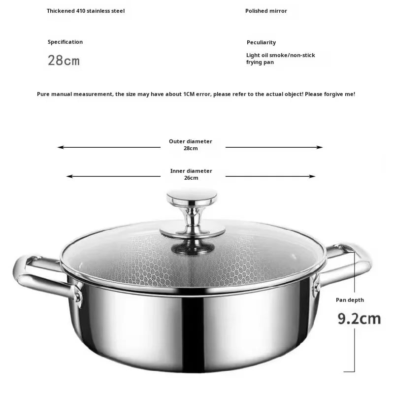 A silver universal honeycomb soup pot with a lid and handle, showing its dimensions.