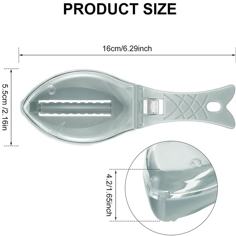 A precision fish scale scraper and cleaning brush set shown with dimensions of 16cm/6.29inch and a close-up view of the tool.