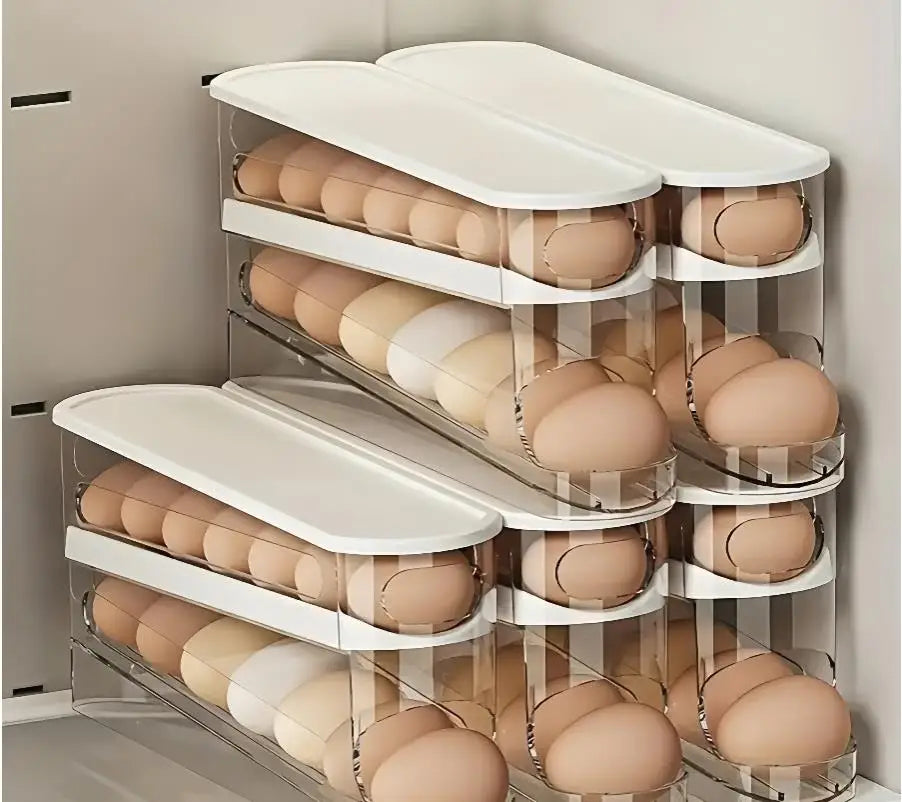 A clear acrylic storage rack holding numerous light brown eggs.