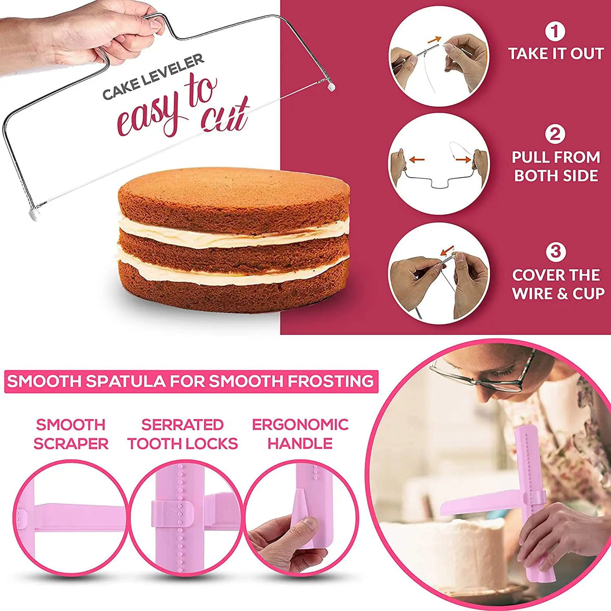 A set of cake decorating tools including a level, spatula, scraper, and tooth locks for frosting cakes.