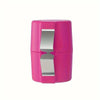 A pink portable egg cracker and separator device with a silver blade.