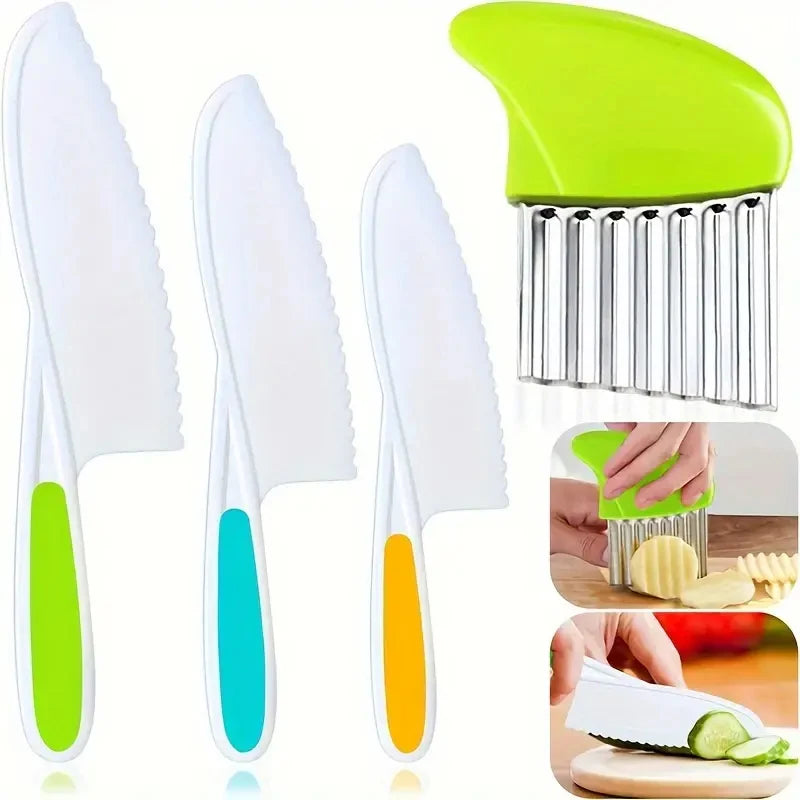 A set of plastic fruit and cake cutting knives in green, blue, and orange colors shown with a hand cutting a cucumber.