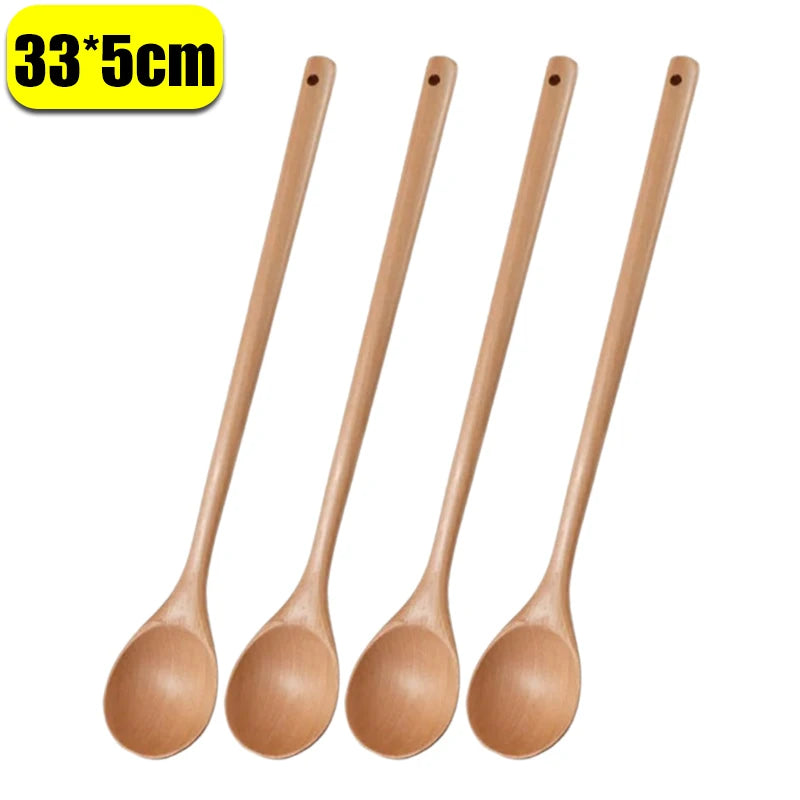 A set of five natural wooden serving spoons with a 33x5cm size marker.