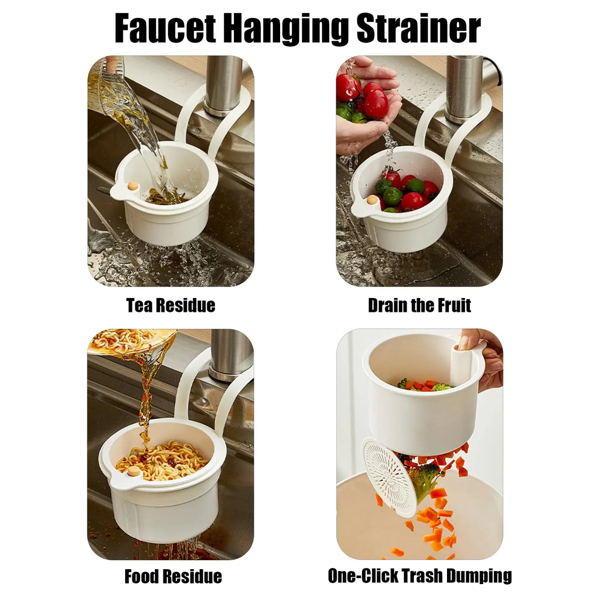 Faucet hanging strainer basket demonstrating tea residue, food residue, and one-click trash dumping functions.