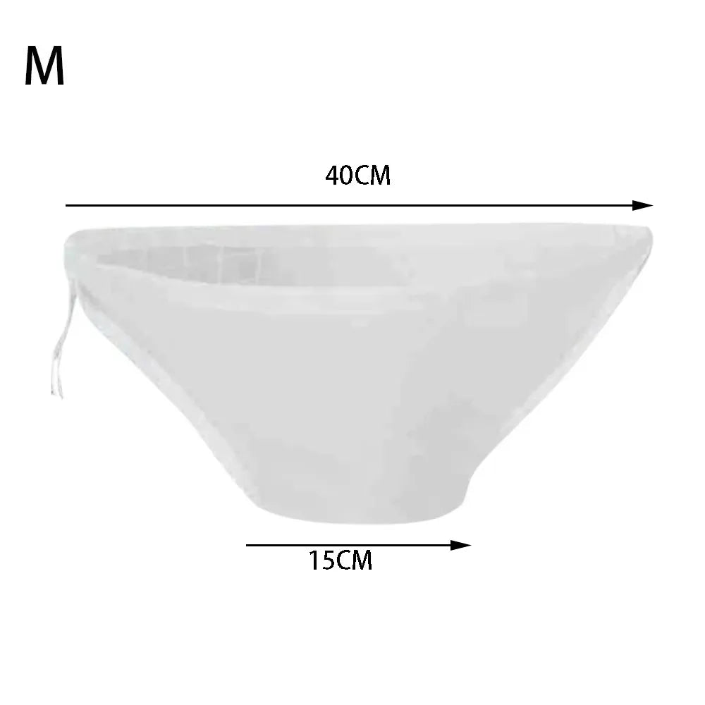 White reusable kitchen food filter bag with dimensions 40cm by 15cm.