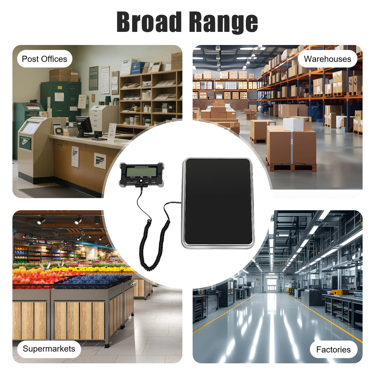 Diagram showing the broad range of high-accuracy digital shipping scales used in post offices, warehouses, supermarkets, and 