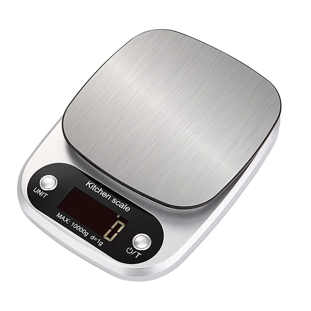A silver digital kitchen scale with a round weighing platform and display showing zero.