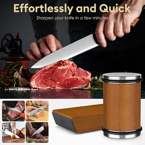 Eine Hand schärft ein Messer auf einem magnetischen Rollschärfer-Set mit einem Stück rohes Fleisch.