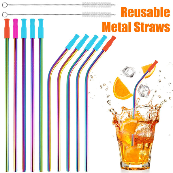 A set of ten reusable metal drinking straws in various colors, including pink, blue, and orange, shown dipping into an orange