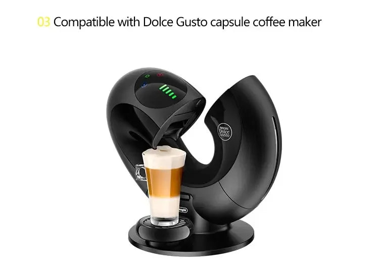 A black reusable coffee capsule set for a Dolce Gusto machine is shown in a close-up view.