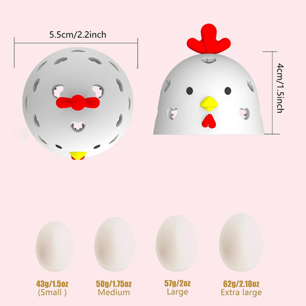 A silicone egg cleaning brush shown in various sizes, including small, medium, large, and extra large.